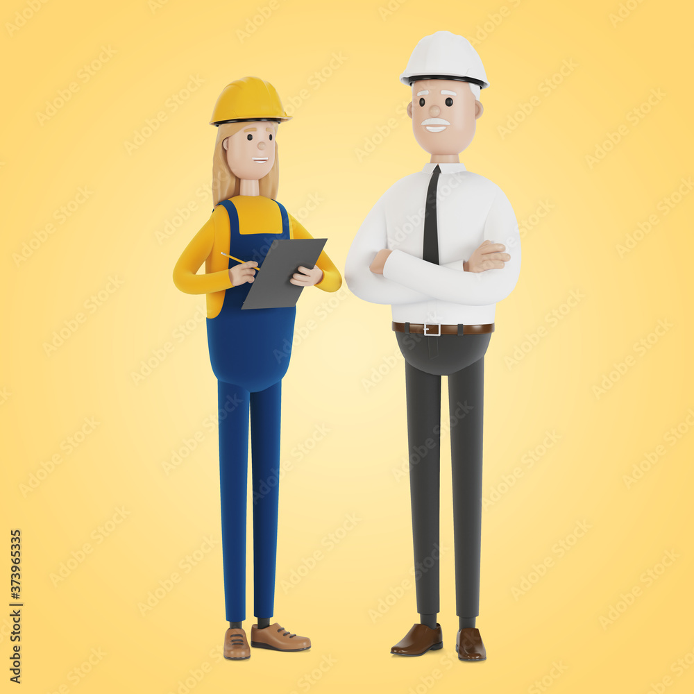 Quality control, production inspection. A civil engineer tells a female inspector about the work done. 3D illustration in cartoon style. Quality control, production inspection. A civil engineer tells a female inspector about the work done. 3D illustration in cartoon style.