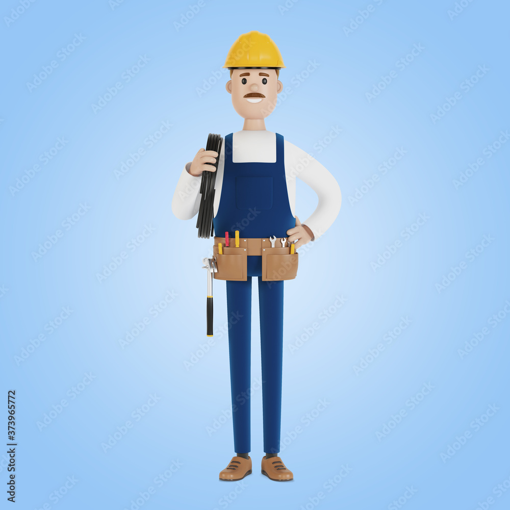 Electrician construction worker with tools and with a wire 3D illustration in cartoon style. Electrician construction worker with tools and with a wire 3D illustration in cartoon style.