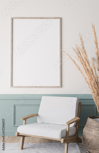 Fototapeta Naklejka Na Ścianę i Meble -  Mockup frame in bright living room design, vertical wooden frame on classic blue wall background, 3d render