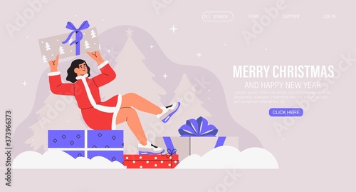 Christmas and New Year banner, landing web page, flyer, social media banner, advertisement with a woman in santa claus costume sitting on gift box and hold present on snowy background with fir trees.