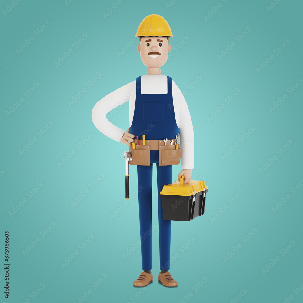 A builder with a hard hat and a toolbox. Construction worker. 3D illustration in cartoon style.