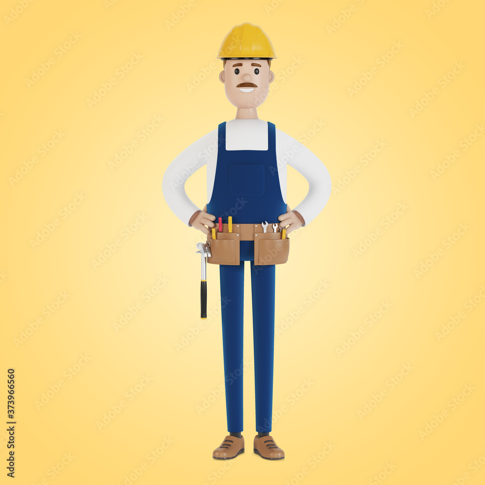 The builder in a helmet and with tools. Construction worker. 3D illustration in cartoon style.