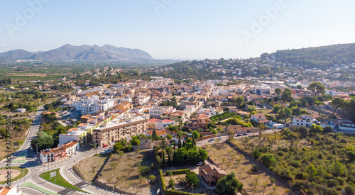 Aerial view of Orba village in Alicante, Spain. Segaria mountain and Mediterranean Sea is in the background.