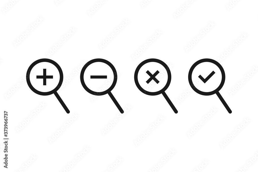 Set of loupe collection. Magnifier with plus and minus sign. Isolated magnifying glass with checkmark and cross sign. Search tool in black color on white background. Vector EPS 10. Set of loupe collection. Magnifier with plus and minus sign. Isolated magnifying glass with checkmark and cross sign. Search tool in black color on white background. Vector EPS 10.