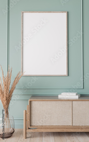 Fototapeta Naklejka Na Ścianę i Meble -  Mockup frame in farmhouse living room interior, vertical wooden frame on classic blue wall background, 3d render