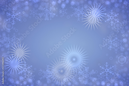 Christmas card template. Abstract festive bright blue white winter christmas background texture with blue bokeh lighted snowflakes, stars and a frame. Beautiful card design. Space.