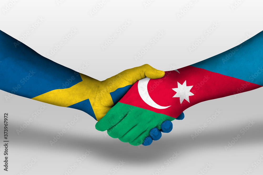 Handshake between azerbaijan and sweden flags painted on hands, illustration with clipping path. Handshake between azerbaijan and sweden flags painted on hands, illustration with clipping path.