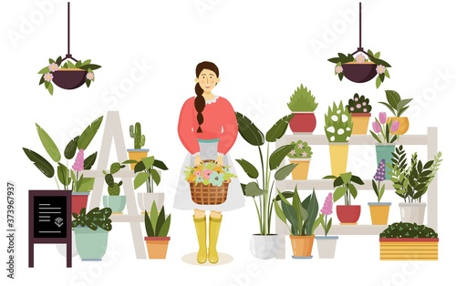 Vector illustration of flowers, potted plants, cute girl with basket.