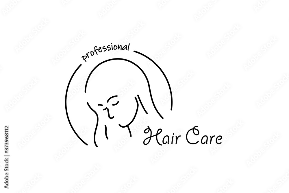 Hair care linear style icon with beauty face. Isolated vector emblem of young woman. Black and white logo template for beauty salons, hairdressers or shampoo labels