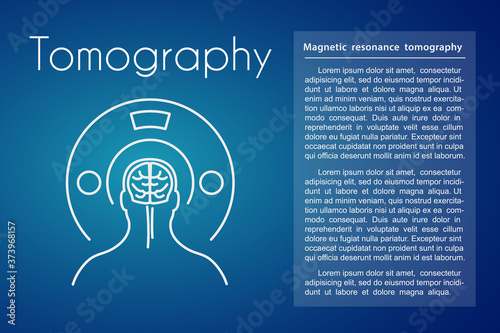 Healthcare linear medical tomography icon on blue background. Vector illustration of man with brain symbol in the tomograph. Design for medicine or therapy for headache, cancer or brain diseases