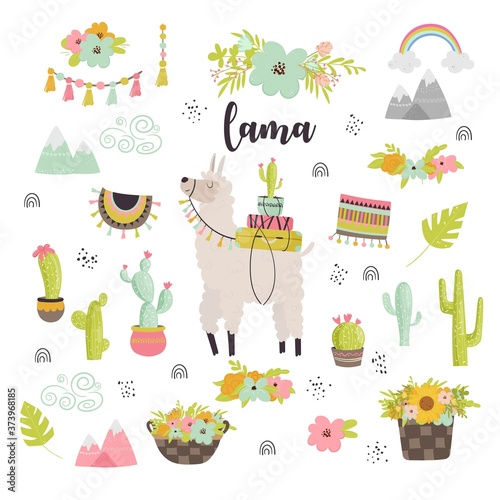 Collection of cute llama, decorative elements, cactus, flower bouquets. Vector illustration for cards, invitations, print, apparel, nursery decoration.