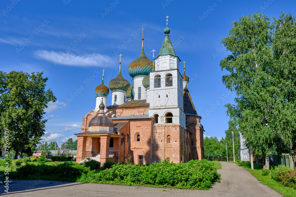 Scenic view of old cathedral in center of monastery in Rostov Veliky in Yaroslavl Oblast in Russian Federation. Beautiful summer sunny look of old orthodox temple