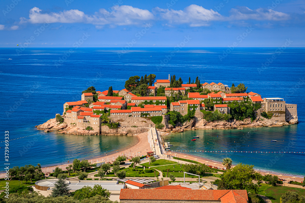View of Sveti Stefan luxury resort island on the Adriatic sea coast, Montenegro