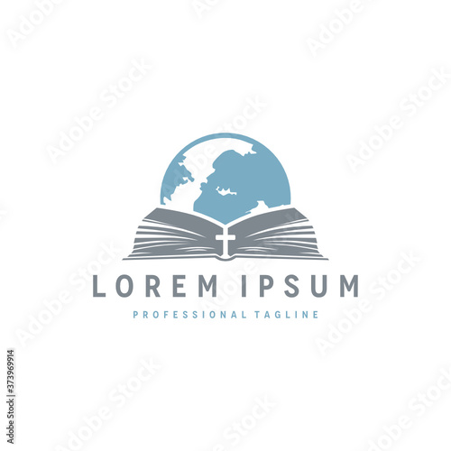 global bible cross logo vector logo design with earth globe, bible book and cross elements.