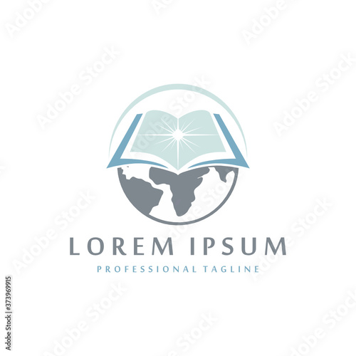 global bible cross logo vector logo design with earth globe, bible book  and abstract curvy light elements.