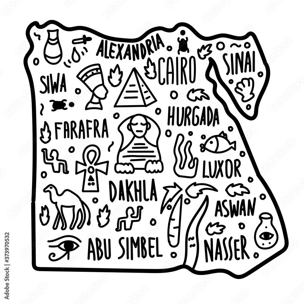 Hand drawn doodle Egypt map. city names lettering and cartoon landmarks, tourist attractions cliparts. trip comic infographic poster, banner concept design. Cairo, Alexandria. Cartoon funny map.