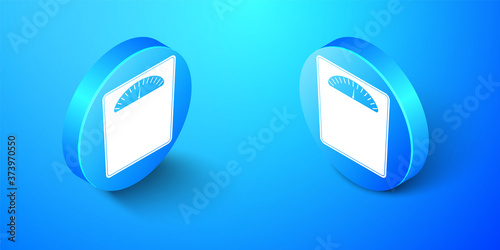 Isometric Bathroom scales icon isolated on blue background. Weight measure Equipment. Weight Scale fitness sport concept. Blue circle button. Vector.