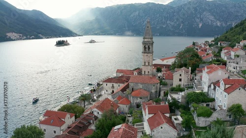 Perast Montenegro - old medieval town with its church tower, on the coast of Boka Kotor Bay.