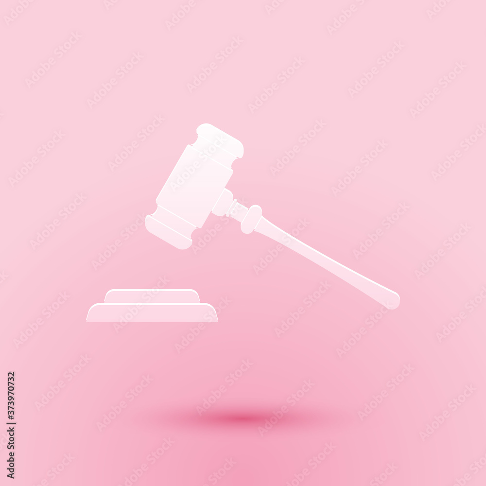 Paper cut Judge gavel icon isolated on pink background. Gavel for adjudication of sentences and bills, court, justice, with a stand. Auction hammer. Paper art style. Vector. Paper cut Judge gavel icon isolated on pink background. Gavel for adjudication of sentences and bills, court, justice, with a stand. Auction hammer. Paper art style. Vector.