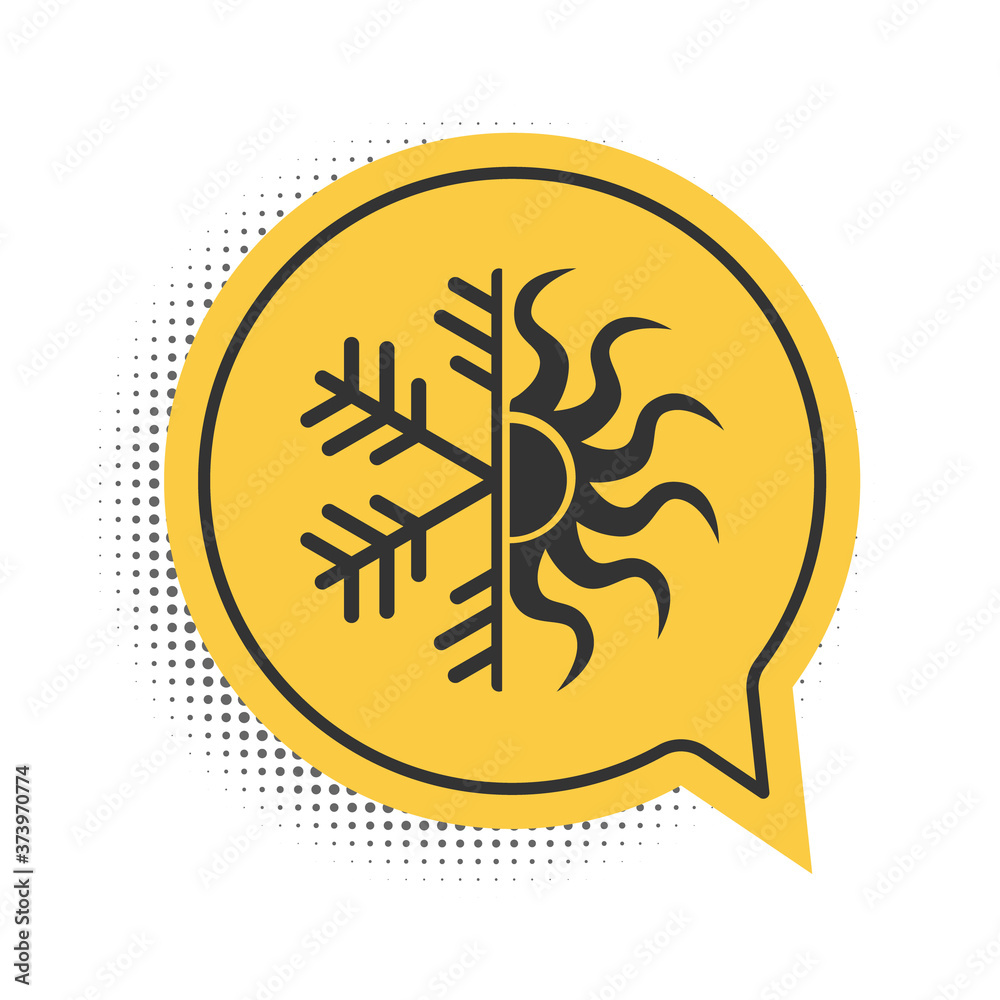 Black Hot and cold symbol. Sun and snowflake icon isolated on white background. Winter and summer symbol. Yellow speech bubble symbol. Vector.