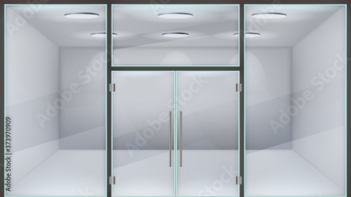 Realistic store door. Glass double office entrance, front exterior mall doors, modern metal frame realistic steel door 3d vector illustration. Realistic glass facade, shop boutique