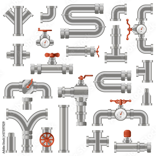 Pipeline construction. Water pipe sections, industrial tube pipes engineering, pipe construction with rotary knobs and counters vector icons set. Illustration tube construction, pipeline plumbing