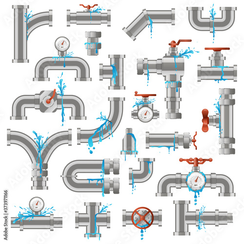 Water pipe leak. Broken damaged metal pipes, pipe leaky crack, industry metal tube pipes damage vector illustration icons set. Pipeline supply, leaking piping, damaged and leakage