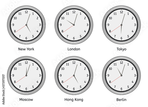 Time zone clocks. Modern wall round clock face, time zones day and night clock, world big cities time difference vector illustration set. Clock wall zone, hotel time berlin, hong kong and moscow