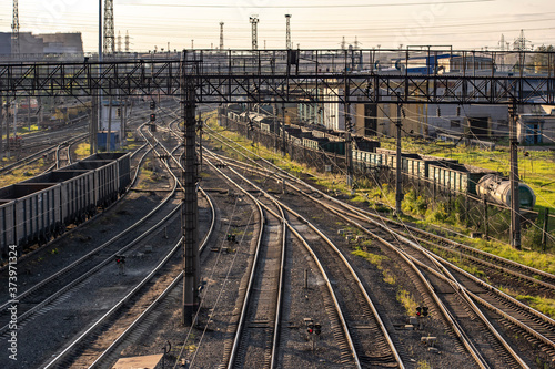 Railroad tracks of the station with wagons.