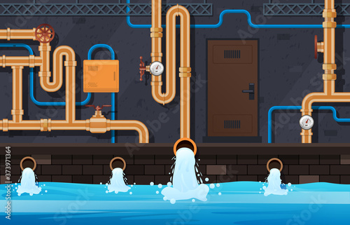 Drainage pipes system. Industrial heating system, urban municipal water pipes treatment system service vector background illustration. Drainage pipeline, industrial tubing engineering in basement
