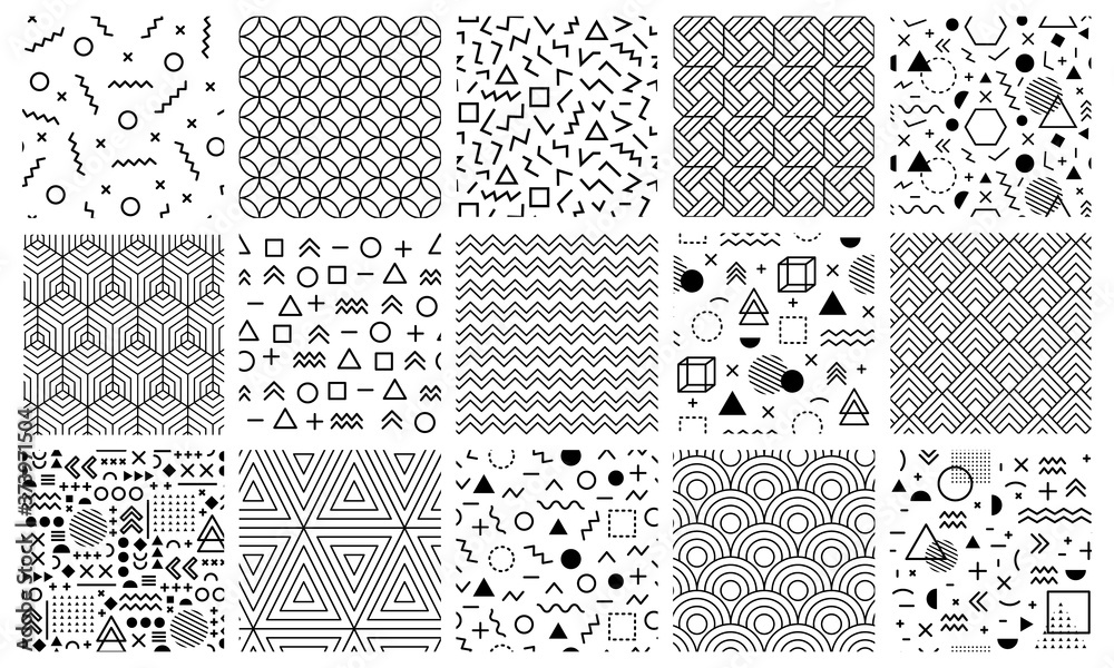 Memphis geometric patterns. Seamless 80s abstract maze patterns, 90s style memphis pattern, geometric doodle vector background illustration set. Geometric memphis seamless trendy pattern