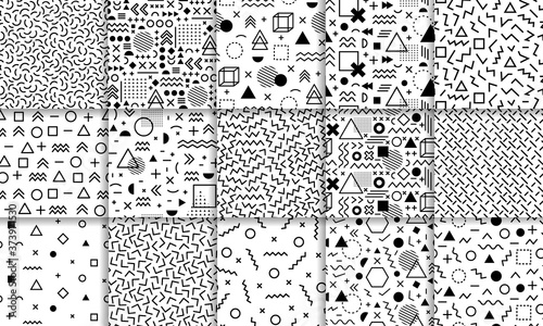 Memphis seamless patterns. Geometric doodle, 90s style memphis pattern, funky striped textures, abstract vector backgrounds illustration set. Geometric memphis pattern, modern striped and wavy