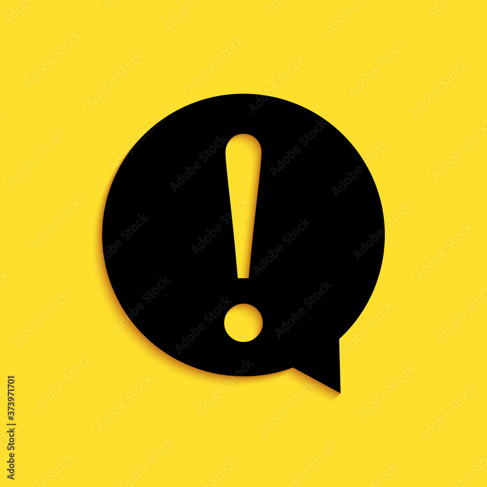 Black Exclamation mark in circle icon isolated on yellow background. Hazard warning symbol. FAQ sign. Copy files, chat speech bubble. Long shadow style. Vector. Black Exclamation mark in circle icon isolated on yellow background. Hazard warning symbol. FAQ sign. Copy files, chat speech bubble. Long shadow style. Vector.