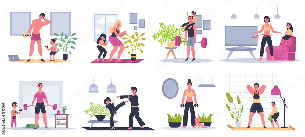 Home family fitness. Mother, father and kids exercising at home, workout activities, families healthy lifestyle vector illustration set. Training family workout, mother and kids healthy exercise