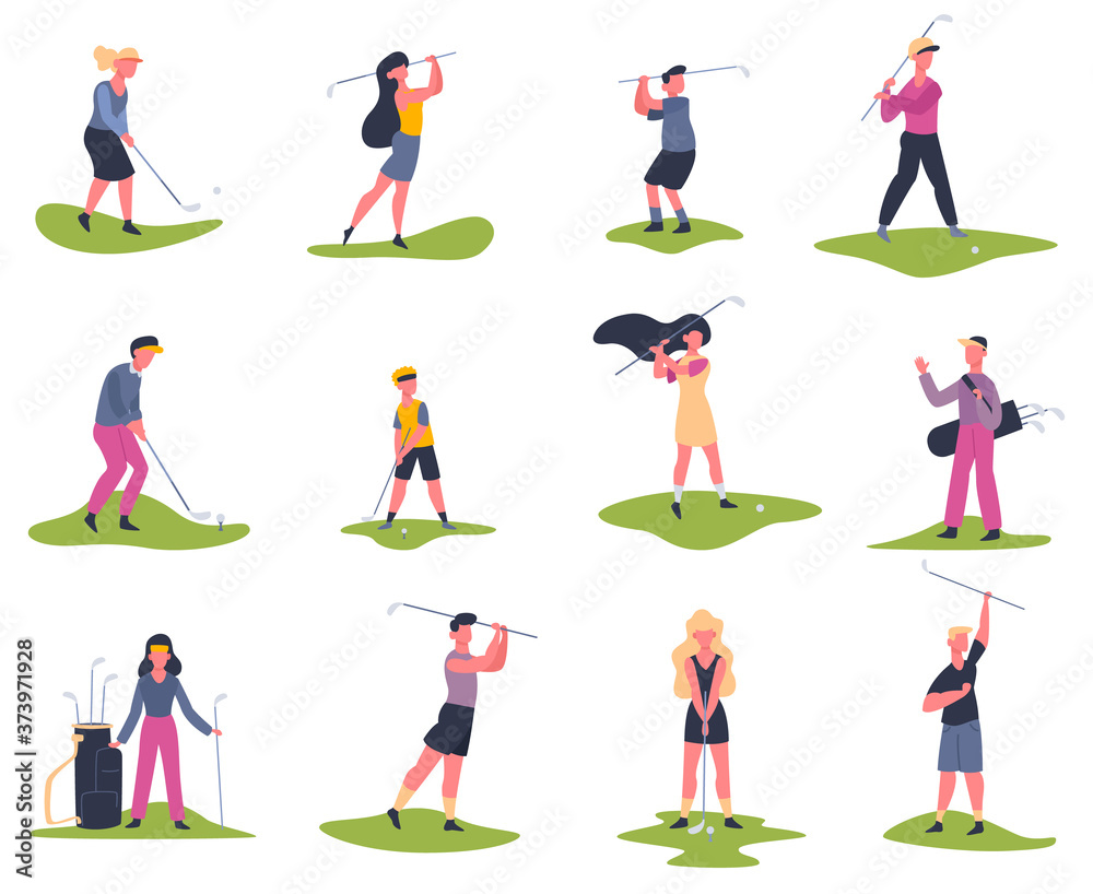 Golf players. People playing golf, golfers striking ball, outside summer activity, golf characters vector illustration set. Game golf and sport man player