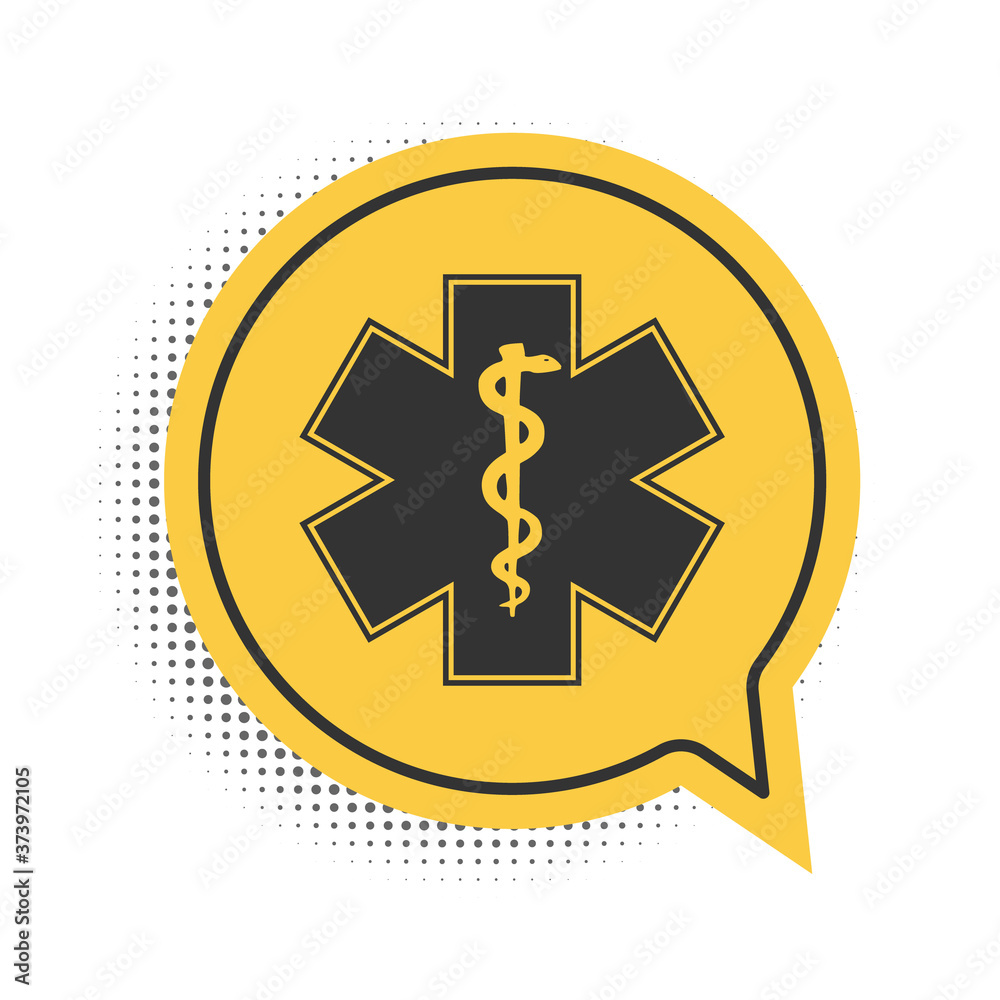 Black Medical symbol of the Emergency - Star of Life icon isolated on white background. Yellow speech bubble symbol. Vector. Black Medical symbol of the Emergency - Star of Life icon isolated on white background. Yellow speech bubble symbol. Vector.