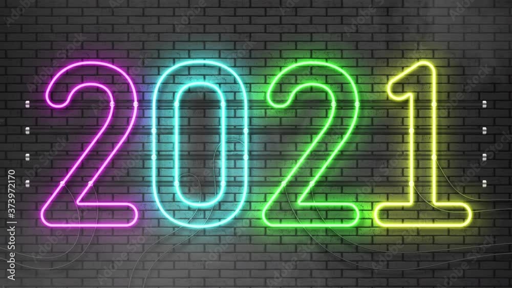 Glowing, blinking 2021 neon text. Happy 2021 new year neon banner. 2021 new year sign. 4K Animation.