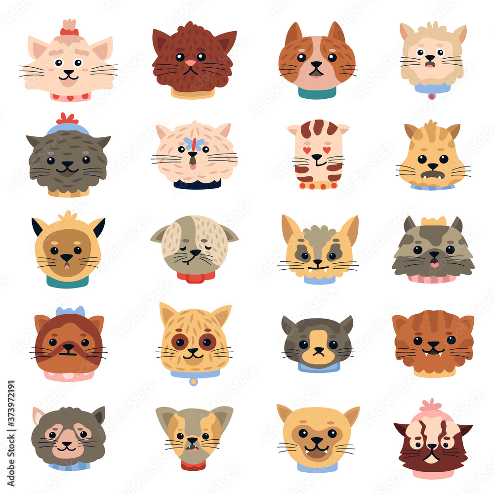 Cats emotions. Cute funny kitten faces, pets character heads, doodle domestic kitty portraits vector isolated icons illustration set. Kitty pet emotion face, animal head Cats emotions. Cute funny kitten faces, pets character heads, doodle domestic kitty portraits vector isolated icons illustration set. Kitty pet emotion face, animal head