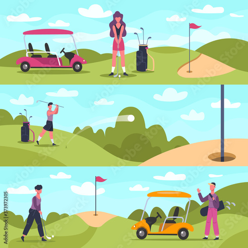 Golf banners. Male and female golf characters playing outdoor sports  golf people chase and hit ball vector background illustration. Hobby golfing activity  female active shot outdoor