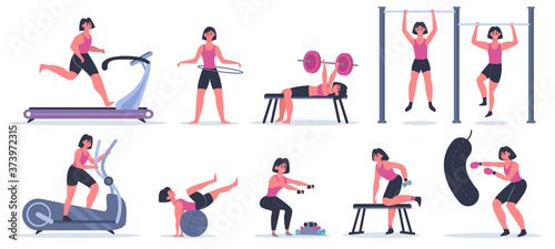 Women at gym. Female sport fitness character, workout girl run, pull up and squat, training exercise at sport gym vector illustration set. Woman exercise training, athletic female with dumbbell