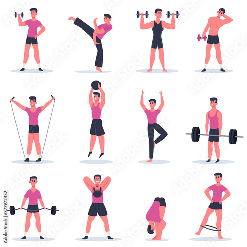 Sport guy. Young man exercising, male character barbell gym training, practice martial arts and crossfit isolated vector illustration collection. Healthy athlete, sport training lifestyle active