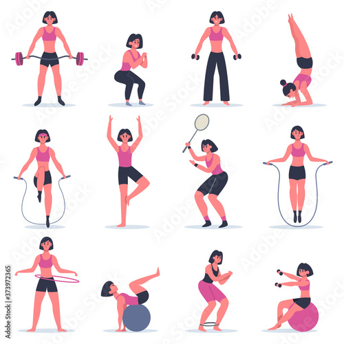 Girl exercising. Young woman fitness exercising, squats, practice yoga and tennis, girl at sport gym or training at home vector illustration set. Exercise fitness young people girls collection