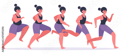 Girl losing weight. Running woman in process of weight loss, female character jogging and get in shape, losing weight stages vector illustration. Girl fitness slim, woman jogging and training