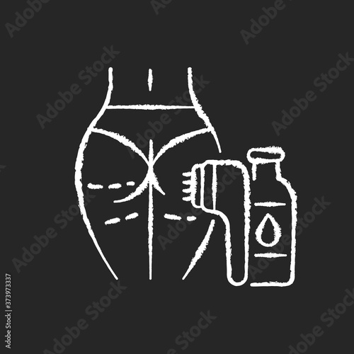 Anti cellulite program chalk white icon on black background. Dimpled skin tightening. Anti cellulite cream and brush. Leg massage equipment. Body slimming. Isolated vector chalkboard illustration