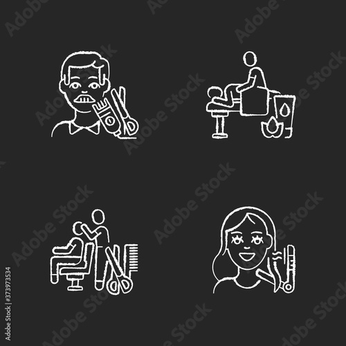 Hair and body care chalk white icons set on black background. Men haircutting. Women hairstyling. Massage therapy. Wellness studio. Hairdresser service. Isolated vector chalkboard illustrations