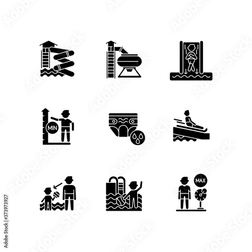 Waterpark black glyph icons set on white space. Aqua park rides and safety rules. Active seasonal recreation, summertime silhouette symbols. Fun for adults and children. Vector isolated illustrations