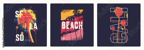 Collection of three vector graphic t-shirt designs, posters, prints on the theme of California