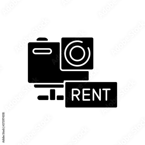 Action camera rental black glyph icon. Aqua park service, photographic equipment rent silhouette symbol on white space. Photocamera for underwater diving and active rest. Vector isolated illustration