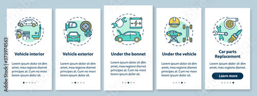 Car service types onboarding mobile app page screen with concepts. All-out vehicle test, parts replacement walkthrough 5 steps graphic instructions. UI vector template with RGB color illustrations © bsd studio