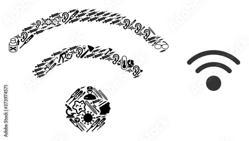 Mosaic Wi-Fi of health care symbols and basic icon. Mosaic vector Wi-Fi is formed of health icons. Abstract design elements for clinic illustrations. Illustration is based on Wi-Fi pictogram.